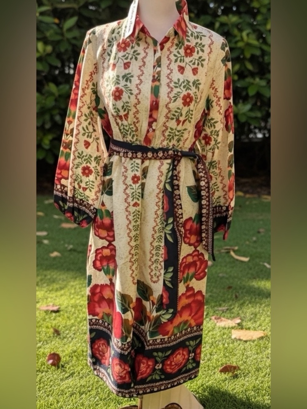 Celina Moon Floral Belted Cotton Shirt dress - sz NWT- LG-- floral bohemian